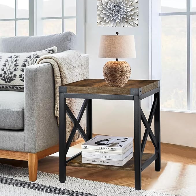 End Table Large Side Table for Living Room, Rustic Farmhouse End Tables with 2-Tier Storage, Square Nightstand Bedside Table X-Design Metal Frame, Brown (Wind, Brown)