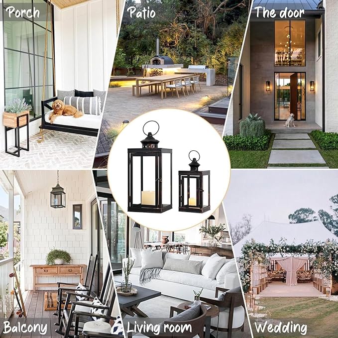 DECORKEY Large Lantern Decorative Outdoor & Indoor, Set of 2 (14’’&10’’) Metal Candle Lanterns Decor, Vintage Hanging Candle Holder for Front Porch Patio Wedding Farmhouse Home, Spring Decoration