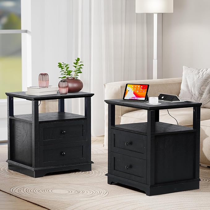 HIFYOBRO Large End Table Set of 2, 2 Drawers and Charging Station, Type-C & USB Port & Power outlets, Wooden End Table, Side Table with Storage for Living Room and Bedroom (Espresso)