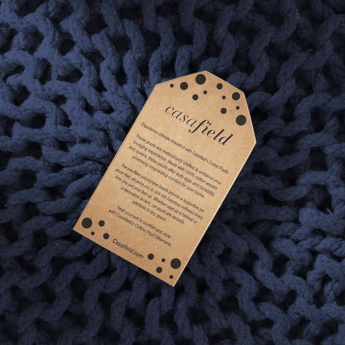 Casafield Round Pouf Ottoman, Navy Blue - 20" Diameter x 14.5" High Cotton Knit Foot Stool - Boho Floor Pouffe for Living Room, Bedroom, Home Office