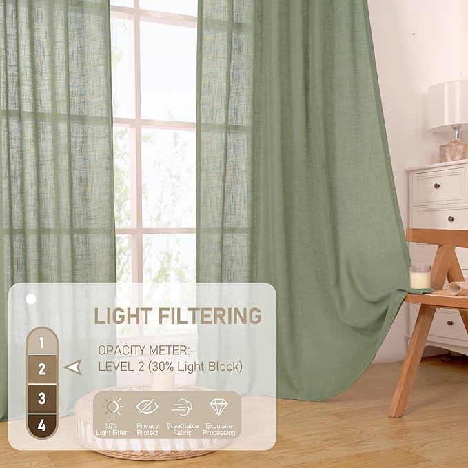 LAMIT Linen Blended Curtains 63 Inches Long, Soft Thick Linen Textured Light Filtering Drapes Bronze Gromment Small Window Drapes for Bedroom/Kitchen/Basement, 2 Panels, 34 x 63 Inch, Sage Green