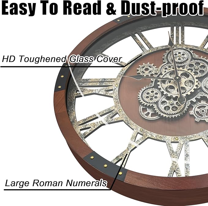 DORBOKER 36" Original Moving Gears Wall Clock, Large Industrial Wall Clock for Living Room Decor,Oversized Wood Vintage Farmhouse Steampunk Rustic Clocks for Wall Decor,Black Walnut