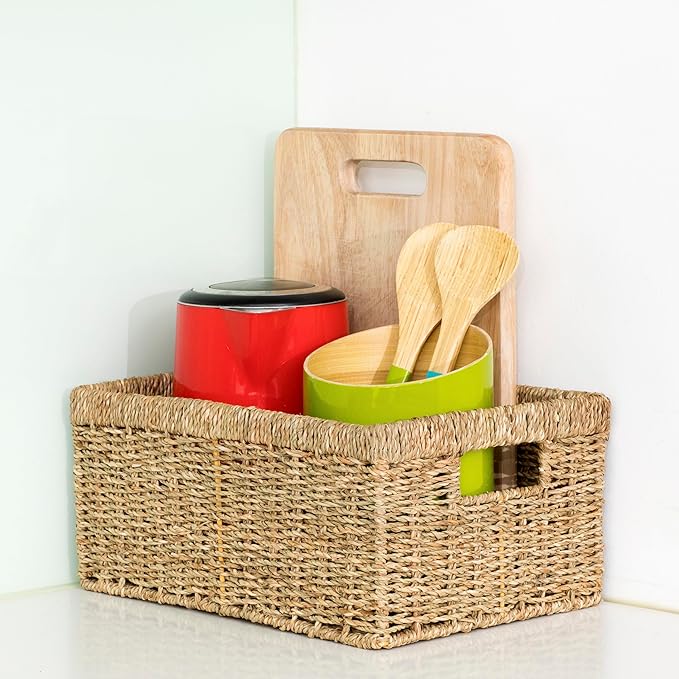 CENBOSS Wicker Baskets (Large, Seagrass, 1PC) Rattan Storage Baskets for Shelves, Woven Seagrass Holder