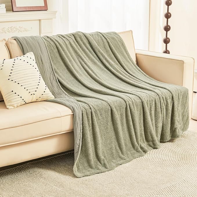 EMME Muslin and Fleece Queen Blanket Reversible - 80"*90" Sage Green Soft Warm Throw Blankets for Couch Bed Picnic Travel Bed