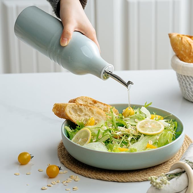 famiware Jupiter 16oz Ceramic Olive Oil Dispenser Bottle, Olive Oil and Vinegar Dispenser Bottle Set of 2 with Stainless Steel Pourers, Suitable for Storage Vinegar, Liquids, Light Blue & Light Pink
