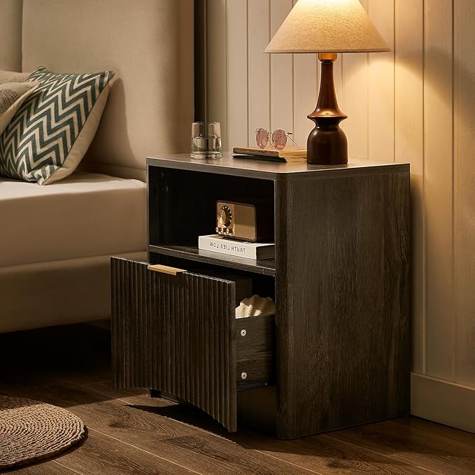 Fluted Nightstand, Dark Grey Bedside Table with Drawer and Storage, Wood End Table Mid Century Modern, Large Night Stand for Bedroom
