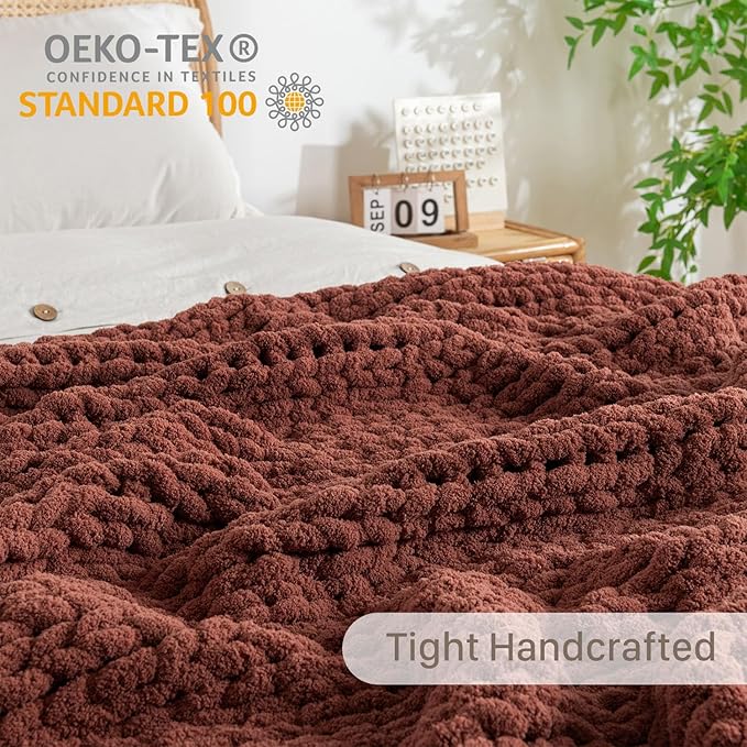 Chunky Knit Blanket Throw, 100% Hand Knit Throw Blanket Handmade Chenille Cable Knit Throw for Couch, Stylish Cozy Soft Rope Knot Crochet Blanket for Home Decor, Copper Brown, 40x50 Inches