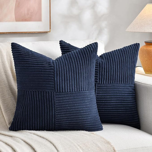 Fancy Homi 2 Packs Navy Blue Decorative Throw Pillow Covers 20x20 Inch for Living Room Couch Bed Sofa, Rustic Farmhouse Boho Home Decor, Soft Corss Corduroy Patchwork Accent Cushion Case 50x50 cm