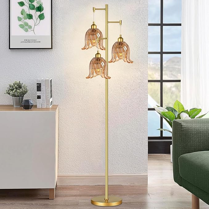 Gold Floor Lamp for Living Room,Bedroom,Tree 3 Light Standing Lamp Mid Century Modern Brass Tall Floor Lamps Vintage Retro Floor Lights Glass Flower Amber Lamp Shade Farmhouse Boho Bohemian