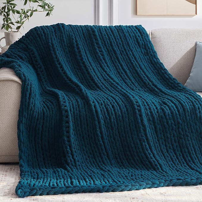 Chunky Knit Throw Blanket, 30''*40'' Knitted Throw Chenille Yarn for Bed Couch, Handmade Peacock Blue Crochet Big Thick Blanket, Machine Washable Cute Comfy Blanket for Home Decor