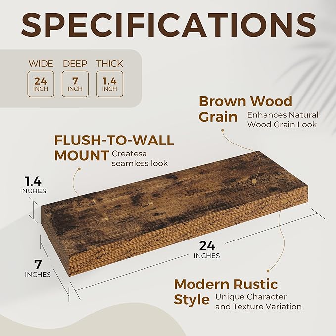 24 inch Floating Shelves Long Floating Shelves for Wall Large Wall Mounted Shelves with Invisible Brackets, Brown Shelves for Bathroom, Living Room, Kitchen, Office, 24x6.7 inch deep Set of 2