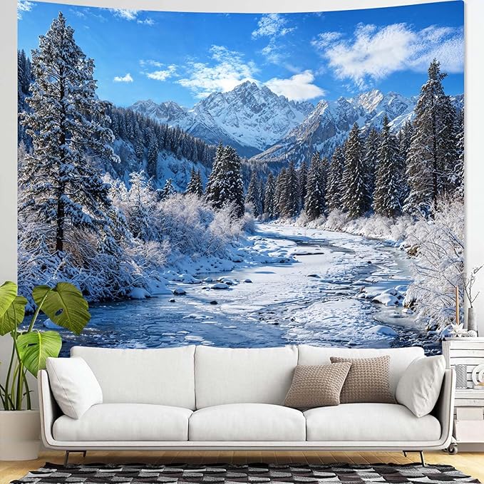 AMM Winter Forest Snow Mountain Tapestry Snowy Pine Tree Woodland Tapestry for Bedroom Aesthetic White Clouds Flowing River Landscape Tapestries Wall Hanging for Living Room Dorm Office 90 x 68 Inch