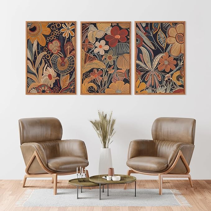 Aurlan Burnt Orange Wildflowers Botanical Wall Art Set(16"x24"), 3 Pieces Abstract Floral Blossom Framed Canvas Artwork, Large Mid Century Modern Boho Nature Wall Decor for Office Bedroom Living Room