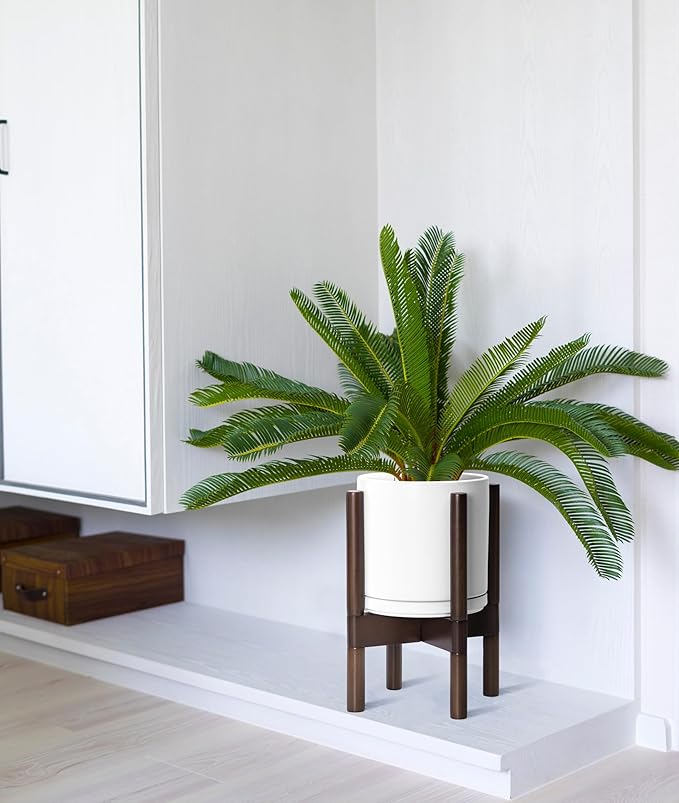 D'vine Dev Ceramic Planter with Walnut Color Stand - 8 Inch Modern Round Flower Pot with Wood Planter Holder, White, 55-B-Y-1