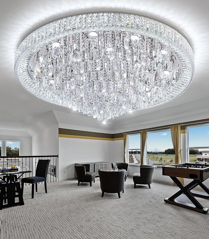 47'' Modern Chandeliers LED Dimmable Crystal Flush Mount Ceiling Chandeliers for Living Room High Ceiling Entrance Foyer Lobby Bedroom Silver