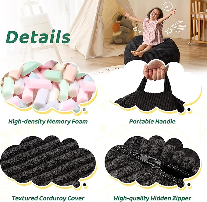 Bean Bag Chairs Teardrop Bean Bag Chair Beanbag Chair with Memory Foam Filled Machine Washable Cover for Living Room, Bedroom (Small,Black)