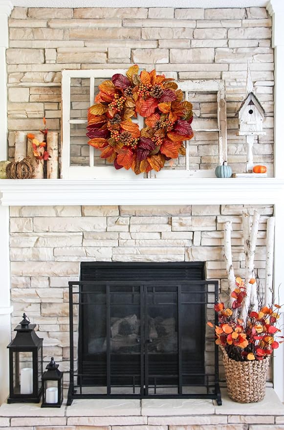 Briful Fall Wreaths for Front Door, 20inch Autumn Magnolia Leaves Wreath with Fruit Harvest Hanging Wreath for Outdoor Porch Home Kitchen Mantel Room Halloween Thanksgiving Decor