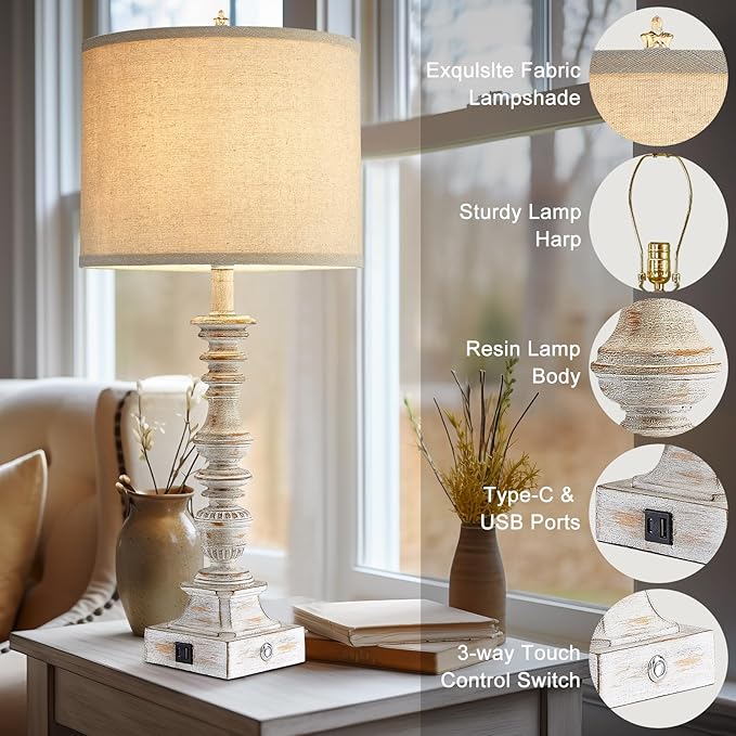 Farmhouse Table Lamps for Bedroom Set of 2 Vintage 3-Way Dimmable Touch Control Nightstand Lamps, Bedside Lamps for Living Room, Traditional Nightstand Lamp End Table lamps 28.5" (Bulbs Included)
