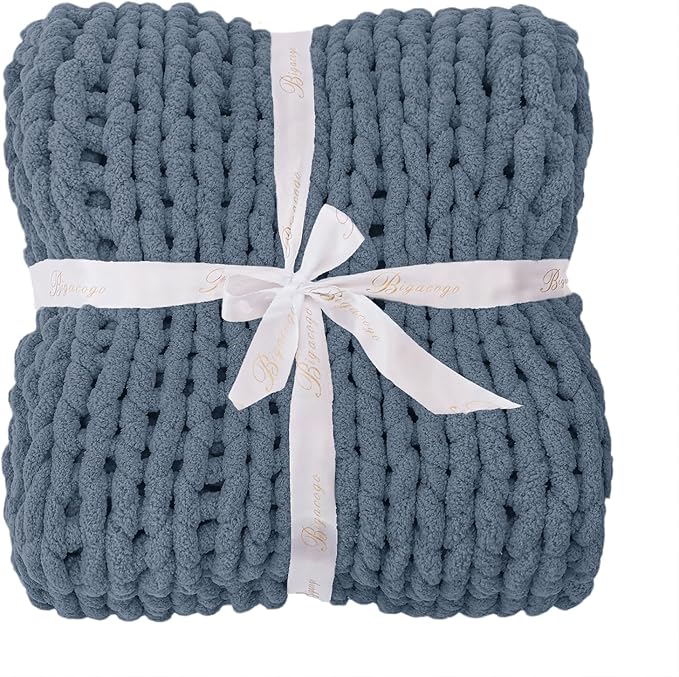 Bigacogo Chunky Knit Throw Blanket for Couch, 40x60 inches, 100% Hand Knitted with Thick Jumbo Chenille Yarn, Cozy Soft Large Rope Knot Cable Crochet Blankets for Sofa Bed Living Room, Cold Sea Blue