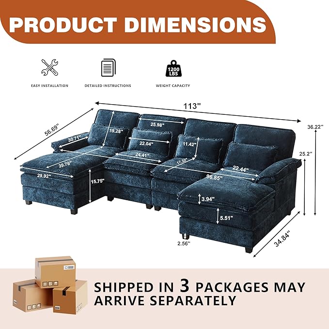 113" Oversized Cloud Couch, U Shape Sectional 4 Seat Sofa with Double Chaises, 2 Layer Cusions, Deep Seat Comfy Sofa, Upholstery Chenille Fabric for Living Room, Blue