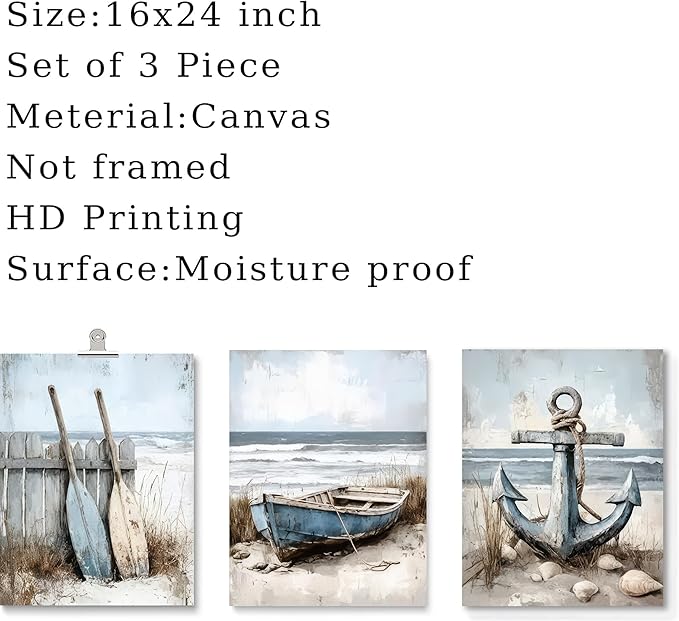3Pcs Nautical Beach Wall Art Sailboat Paddle and Anchor Paintings Pictures Wall Decor Nautical Coastal Posters Prints Artwork for Living Room Bedroom Home Office Corridor Home Decroation Unframed