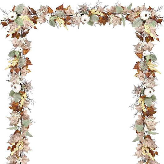 DearHouse Fall Garland Maple Leaf, 5.9Ft Hanging Vine Garland White with Pumpkins and Berries Thanksgiving Decor for Home Wedding Fireplace Party Christmas (White&Brown)