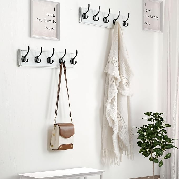 Dseap Coat Rack Wall: Patented, Heavy-Duty, 5-Double-Hooks Wooden Wall Mounted Coat Rack Coat Hanger Hook Rail for Winter Coats Hat Jacket Clothing, White & Black, Pack of 2