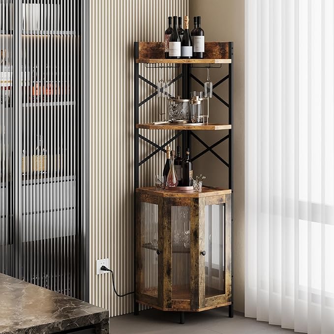 Corner Bar Cabinet with Power Outlet, 5-Tier Corner Wine Cabinet with Led Strip and Glass Holder, Industrial Tall Liquor Cabinet Bar Wine Rack for Home, Rustic Brown