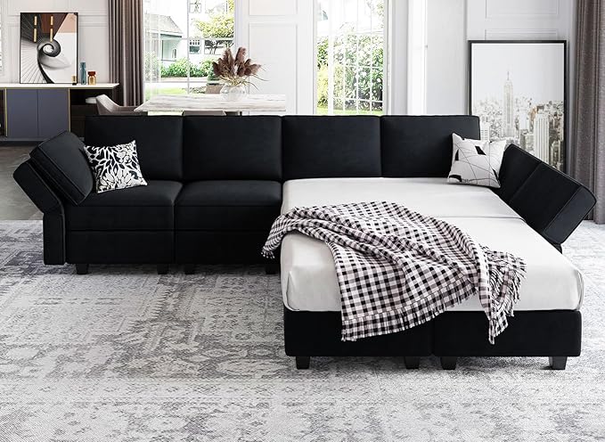 Belffin Modular Sectional Sofa U Shaped Sectional Couch with Reversible Chaises Velvet Modular Sofa with Storage Seat Black