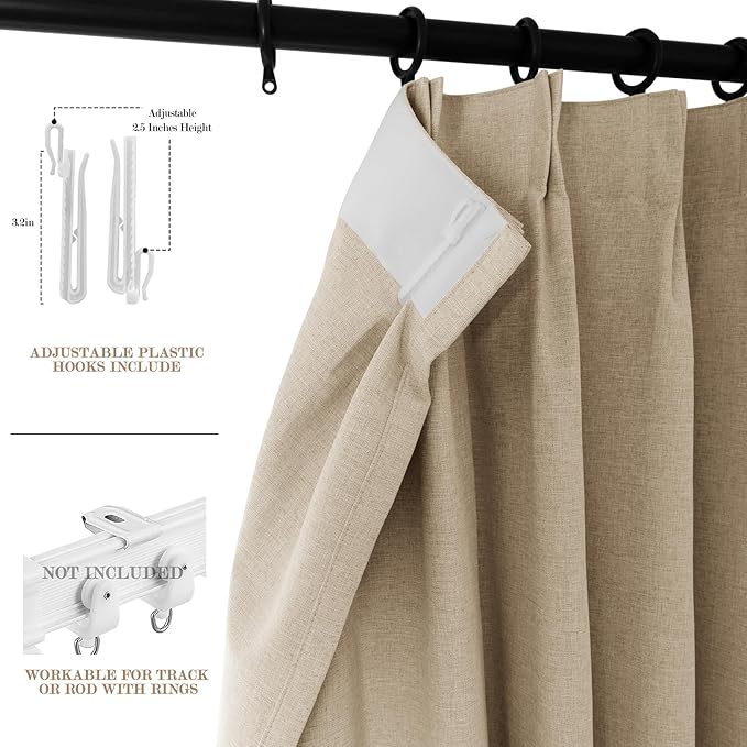 100% Blackout Linen Textured Drapes for Bedroom Pinch Pleated Curtains for Track System Portable Drapery for Sliding Glass Door/Storage/Space Room Divider, 70" Wx102 L, 1 PC, Sand Beige