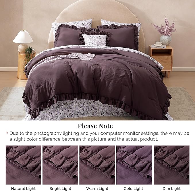 Full Comforter Set - 7 Pieces Ruffle Purple Bedding Sets, Shabby Chic Farmhouse Bed in a Bag Full with Ruffle Comforter, Floral Sheets, Pillowcases & Shams