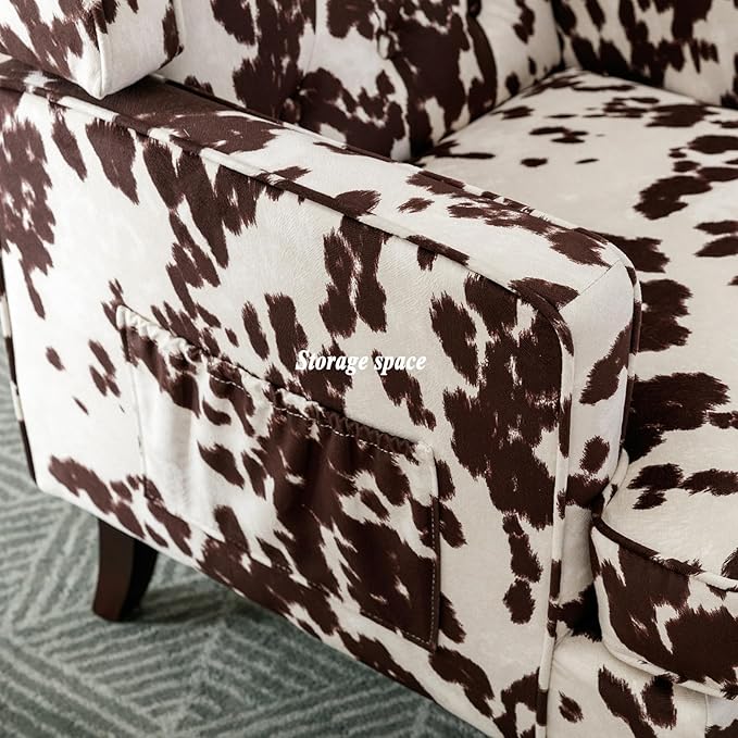 DUOMAY Tufted Accent Chair, Modern Upholstered Wingback Side Arm Chair for Living Room Bedroom with Wood Legs, Comfy Reading Guest Chair for Office, Milk Cow/Brown