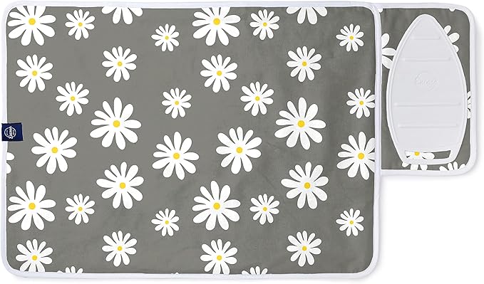Encasa Homes Ironing Mat/Pad (Small 28"x20") with 3mm Padding & Silicone Iron Rest for Steam Pressing on Tabletop or Bed - Heat Resistant, Portable, Quilting & Travel Blanket - Daisy Grey