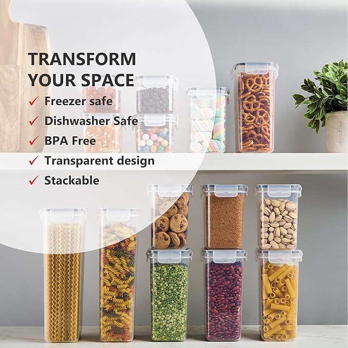 DWËLLZA KITCHEN Set of 14 Airtight Food Storage Containers for Pantry Organization and Storage - Sugar, Flour, Pasta, Spaghetti Plastic Air tight Kitchen Storage Containers With Lids, Labels & Marker