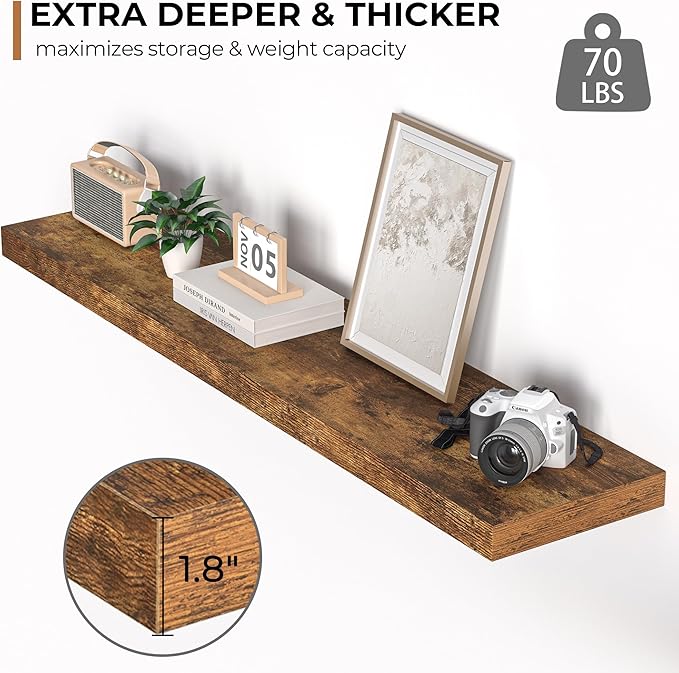 Floating Shelves - 10.23 Inch Deep Wall Shelf for Decor & Storage - Wall Mounted Display Shelving with Invisible Heavy-Duty Metal Bracket - 48" W x 10.23" D x 1.8" H - Set of 1 - Rustic Brown