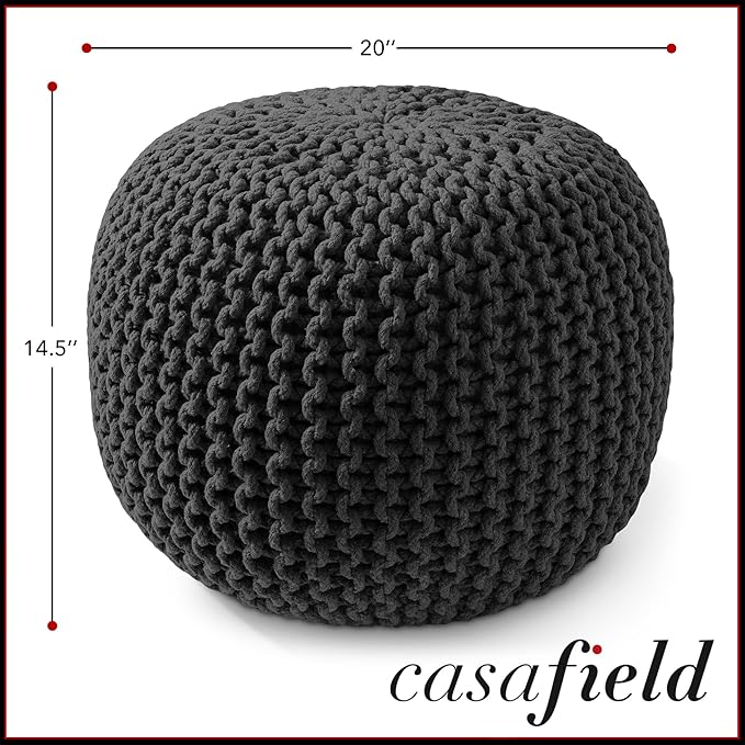 Casafield Round Pouf Ottoman, Black - 20" Diameter x 14.5" High Cotton Knit Foot Stool - Boho Floor Pouffe for Living Room, Bedroom, Home Office