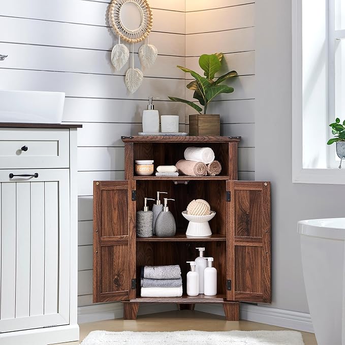 Corner Bathroom Cabinet, Farmhouse Small Cabinet with Barn Door & Adjustable Shelf, Storage Cabinets for Bathroom, Kitchen & Living Room, Brown