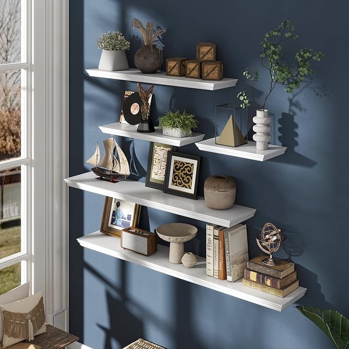 Floating Shelves for Wall, 24 Inch Long Wall Mounted White Hanging Shelf for Kitchen, Living Room, Office, Bedroom, Bathroom, Retro Vintage Wood Bookshelf for House Decor