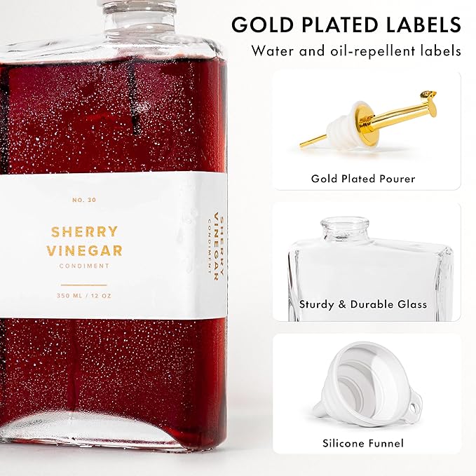 Glass Olive Oil Dispenser Bottle Set [2x12oz]: 36 Premium Gold Labels, Oil Dispenser for kitchen, Vinegar Bottle Set, Glass Dispensers for Soy Sauce, Syrup Bottles | Set of 2