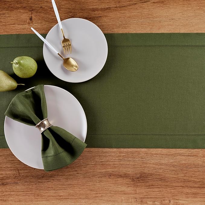 Solino Home Linen Table Runner 36 Inches - 100% Pure Linen Olive Hemstitch Table Runner 14 x 36 Inch Ideal for Dresser and Coffee Tables - Classic Hemstitch - Thanksgiving