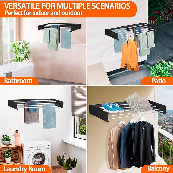 FOCHIER F Laundry Drying Rack Wall Mounted Clothes Drying Rack Collapsible with 5 Aluminum Rods and Drilling Template Long Screwdriver Bit 60 lbs Capacity (Black, 40")