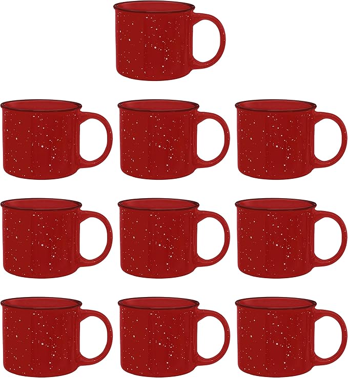 DISCOUNT PROMOS Ceramic Campfire Coffee Mugs 13 oz. Set of 10, Bulk Pack - Perfect for Tea, Espresso, Cappuccino, Hot Cocoa - Red