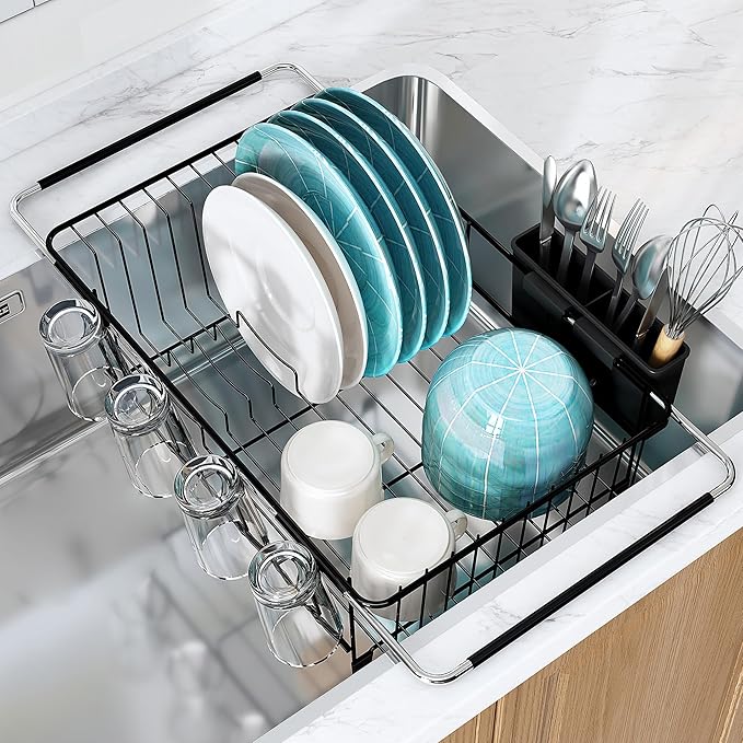 MAJALiS Dish Drying Rack in Sink - Small Dish Drainers for Kitchen Sink, Over The Sink Dish Racks with Utensil Holder, Stainless Steel Dish Rack in Sink, Black