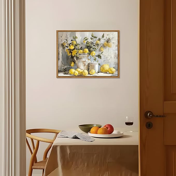 Framed Lemon Kitchen Wall Decor for Dining Room - Vintage Mustard French's Yellow Lemon Kitchen Wall Art, Rustic Oil Paintings Posters Prints for Bathroom Living Room Bedroom 12x16 inch