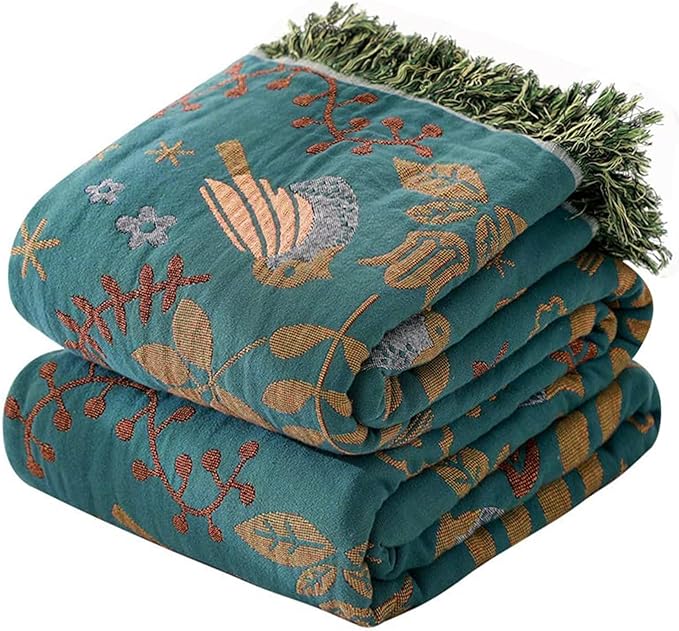 Boho Throw Blanket for Couch Sofa Bed, 100% Cotton Woven Quilt with Tassel 80”x90”, Super Soft Muslin Blanket with Bird Printed, Decorative Reversible Bed Blanket/Cover for All Seasons
