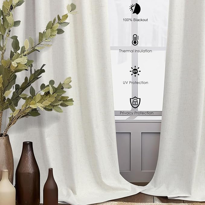 DANCURTON Custom Nursery Blackout 68 Inch Curtains 2 Panels Set Rustic Country Cream Linen Thermal Insulated Sound Dampening Curtain Back Tab Rod Pocket for Dining Room 68 Inches Long Length Drapes