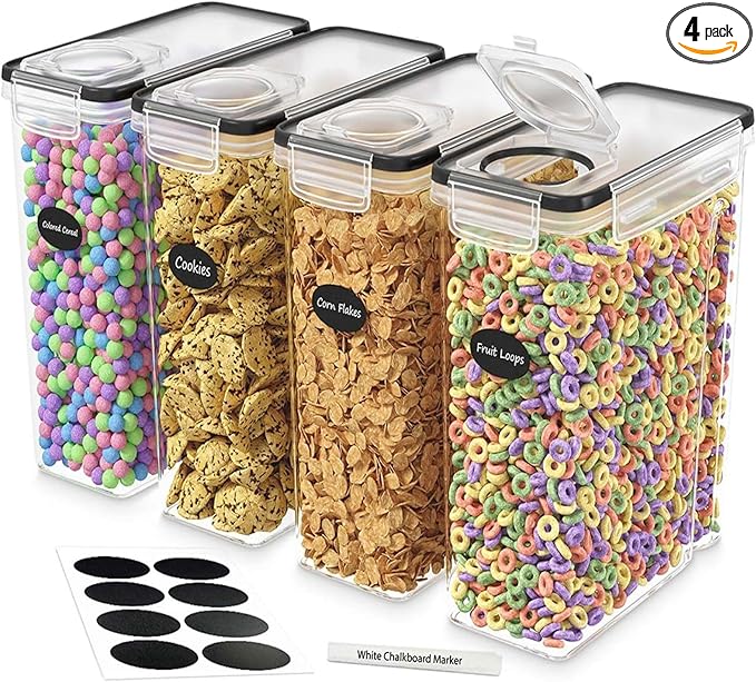 DWËLLZA KITCHEN Cereal Containers Storage 4 Pack 135 fl. oz Cereal Dispenser Airtight Food Storage Containers BPA-Free Pantry Organization and Storage, Canister for Flour & Sugar 1 Marker 8 Labels