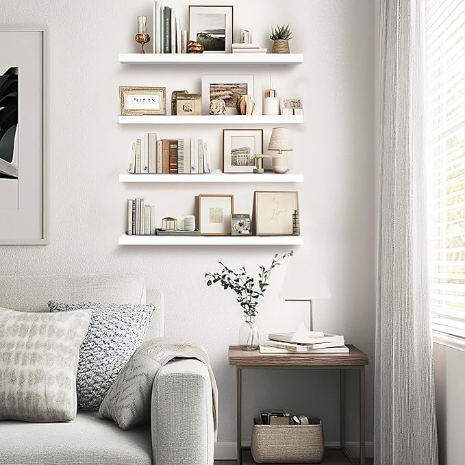 Floating Wall Shelves 4-Pack - Rustic White 16-inch Wooden Wall Shelves for Storage and Décor, Multi-Functional and Easy to Install for Living Room, Bedroom, and Kitchen