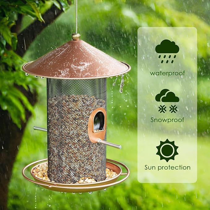 Bird Feeder for Outdoor, Metal Wild Bird Feeder Hanging Outside, 7.5" Copper Roof and 360 Degree Feeding Tray with 2 Extra Feeding Ports, 3 Lbs Bird Seeds Capacity