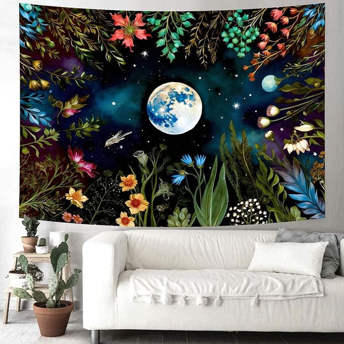 Delur Moonlit Garden Tapestry Boho Moon Floral Plant Tapestry Wall Hanging Colorful Flower Botanical Nature Night Landscape Headboard for Bedroom Living Room Home Decor (70.8" x 92.5")